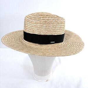 Brixton Joanna Straw Fedora Hat Tan Black Wide Brim Sun Hat Medium 7 1/4 58cm